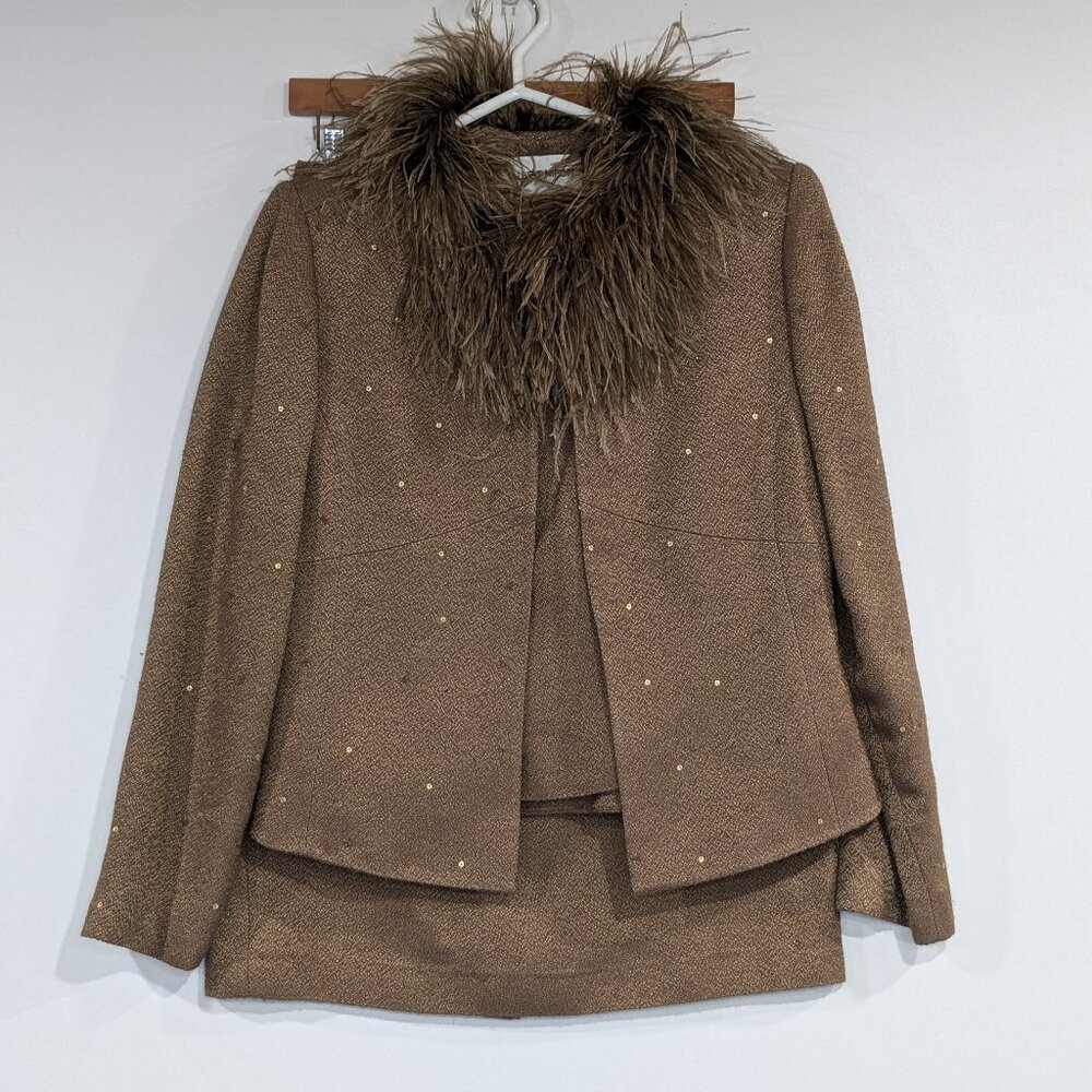 Albert Nipon Wool Blend Ostrich Feather 3-Piece Suit Set Brown Size 6